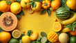 Yellow orange fruits vegetables arranged textured yellow background, highlighting freshness variety healthy foods