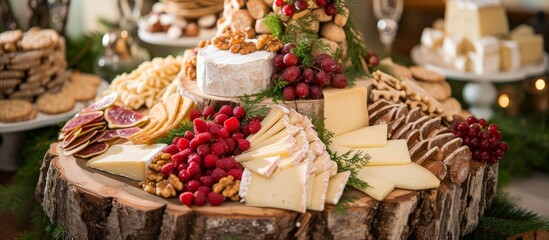 Wall Mural - A delicious dish of natural foods including cheese, fruit, nuts, and crackers beautifully arranged on a wooden cutting board.
