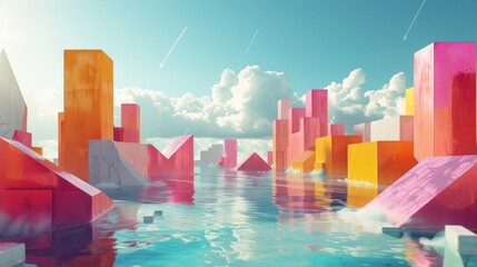 Sticker - A large cityscape with a lot of colorful buildings and water, AI