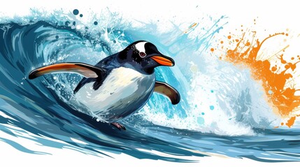 Sticker - A painting of a penguin riding the waves on an ocean, AI