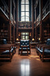 Photo realistic art deco private library with three floors and huge vertical window
