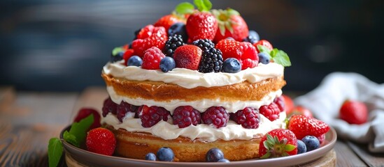 Poster - A dessert made with strawberries, raspberries, blueberries, and whipped cream placed on a wooden table. It combines fruits, dairy, and bakery in a delightful dish.