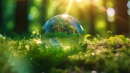 Wall Mural - Crystal earth on green grass forest with sunlight. Save the World, earth day, ecology concept.