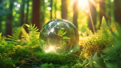 Wall Mural - Crystal earth on green grass forest with sunlight. Save the World, earth day, ecology concept.