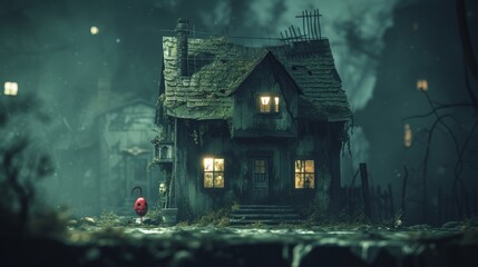 Wall Mural - A creepy house with a red door and some trees in the background, AI