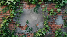 A Cracked Brick Wall Bears Witness To Time As Vines Snake Around It. Brick Wall In Contrasting Backdrop With Copy Space.