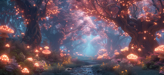 Wall Mural - A forest filled with mushrooms and trees lit up by fairy lights, AI