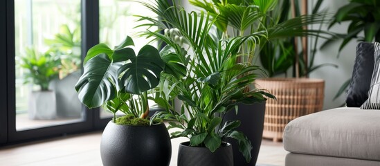 Poster - The living room has a couch and is adorned with various potted plants, including houseplants and trees, placed near windows.