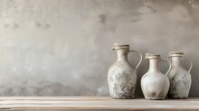 Handcrafted Ceramic Jugs Against A Textured Wall Backdrop