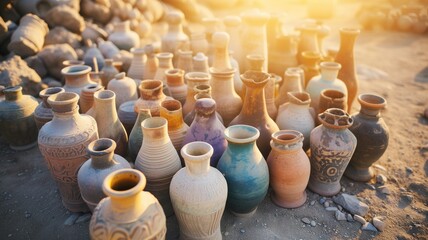 A diverse collection of handcrafted pottery basking in the sunset light