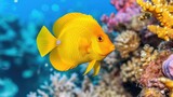 Fototapeta Psy - A solitary yellow tang fish swims among coral reefs, its vivid coloration standing out in the tranquil blue waters