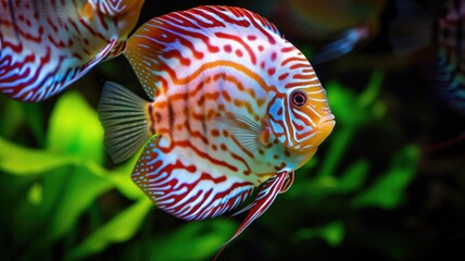 Canvas Print - Close-up of a vibrant discus fish with intricate patterns in an aquarium setting