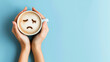 Uma mulher segurando uma caneca de café com um rosto triste 