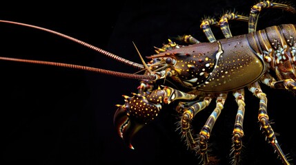 Poster - Caribbean Spiny Lobster in the solid black background
