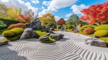 Zen Garden With Autumn Trees And Raked Sand