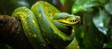 A Green Snake, A Terrestrial Reptile, Is Seen Curled Up On A Tree Branch, Its Head And Eye Clearly Visible. This Serene Image Captures A Moment In The Natural Landscape.