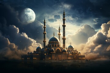 Crescent Mosque clouds moon. Crescent sky. Generate Ai