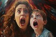 Mother and daughter screaming in face of fear. Family old conflict, social problem. Generate Ai