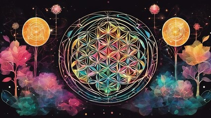 Wall Mural - fractal background _A flower of life art with a light and hipster style. The art has a black background  