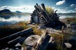 Outdoor daytime color photograph of Canadian Arctic tundra with a ruined log cabin on the shore of a large lake, pale sunshine. From the series “Recurring Dreams.