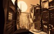 Sepia photograph of a German expressionist film set showing a long view down a sunny city street. From the series “Lightbox.