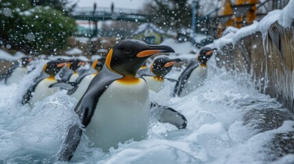 Sticker - Penguins having fun  in the snow. Generative AI.