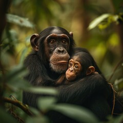 A heartwarming moment of maternal bonding between a chimpanzee mother and her baby in the forest. Generative AI.