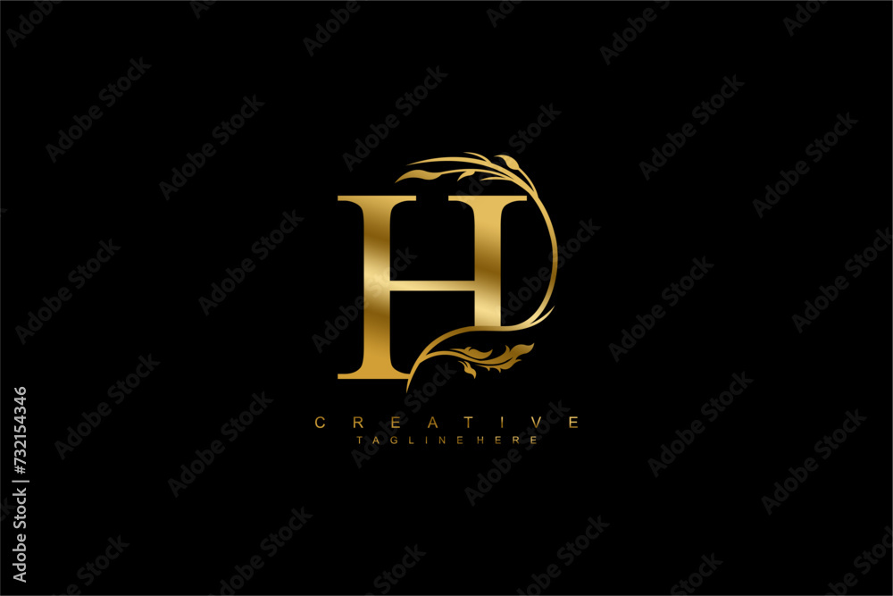 luxury gold letter H logo design with beautiful flower and leaf ...