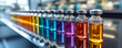 Zoom on colorful vaccine vials with different caps, representing the diversity of immunizations available, on a reflective glass surface