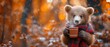 A young bear wearing a checkered scarf, clutching a hot beverage, with a softly focused forest behind, symbolizes the cozy feel of autumn