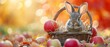 Bunny in a harvest basket, surrounded by apples and pumpkins, blurred orchard background, symbolizing abundance and wellbeing