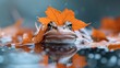 A frog adorned with a foliage hat, adjacent to quiet waters, displaying autumn's tranquil and sensory facets in a blurred ambiance