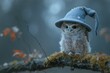A wizard-hatted owl on a mossy bough, in a moonlit night scene, soft-focus, highlights the enchanting side of fall