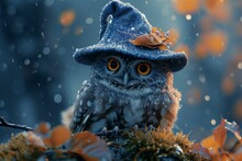 An Owl Donning A Mage's Hat, Seated On A Verdant Branch, In A Moonlit Setting, Soft-focus, Evokes The Mystical Feel Of Autumn