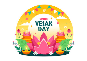 Wall Mural - Vesak Day Celebration Vector Illustration with Temple Silhouette, Lotus Flower, Lantern or Buddha Person in Holiday Flat Cartoon Background