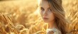 © AkuAku - A happy young woman with long blond or brown hair stands amidst a wheat field, her smile as radiant as her eyelashes and her beauty rivaling that of a fawn in the grass.