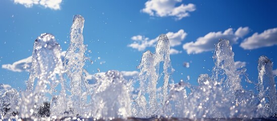 Wall Mural - A fountain sprays water in front of a blue sky with clouds, creating a stunning natural landscape.