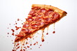 slice of pizza flying on white background