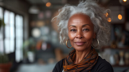 An Black senior African American elderly woman in a modern office with a soft bokeh blur background, black woman with grey hair