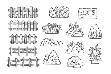 Set of bush and fence hand-drawn outline sketch vector illustration