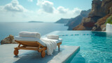Fototapeta  - beach bed chair with towel looking out over the caldera by the swimming pool, Santorini Oia Greece