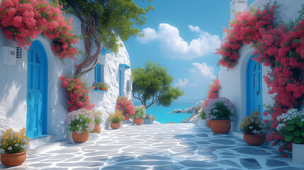 Wall Mural - colorful Greek village with flowers in summer in Greece, houses in island city on a sunny day
