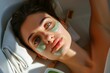 Skincare Model sunscreen. Beautiful Woman uses face cream, microorganism, skin care products, rosacea lip balm, lotion, aloe vera & eye patch. Natural master bathroom jar holistic cream pot