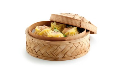 Wall Mural - Steamed Dumplings Dim Sum in bamboo basket steamer chiness style at Thai restaurant, steamed stuff bun on white background