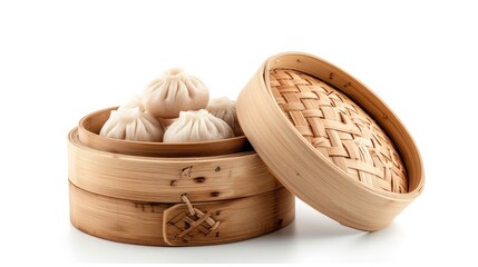 Wall Mural - Steamed Dumplings Dim Sum in bamboo basket steamer chiness style at Thai restaurant, steamed stuff bun on white background