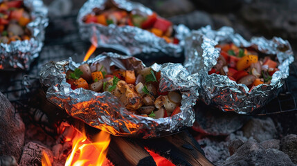 Wall Mural - A rustic campsite is dotted with tin foil parcels each filled with a unique combination of hearty proteins tender vegetables and a blend of es. The campfire now mostly embers