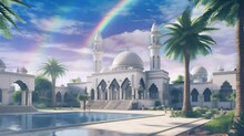 White Mosque With Palm Tree With Clear Blue Sky Background Ramadan Loop Animation Background Illustration