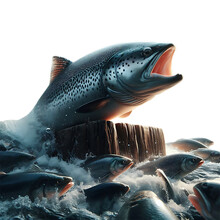 Salmon Swimming Forward In Flocks, Transparent Background