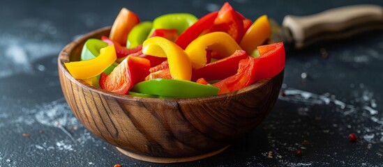 Poster - Vibrant Image of Sliced Bell Pepper in a Wooden Bowl, Ideal for Stock Photography