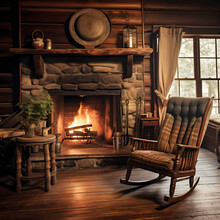 A Cozy Fireplace In A Cabin With A Rocking Chair.